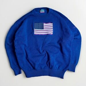 Vintage American Flag Sweater Mens Large Navy Vantage Tournament Cotton Knit USA